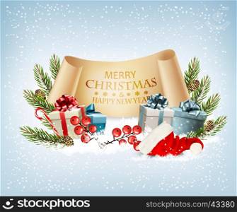 Holiday Christmas background with a gift boxes and Santa hat. Vector