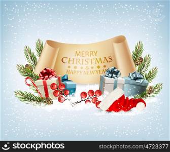 Holiday Christmas background with a gift boxes and Santa hat. Vector