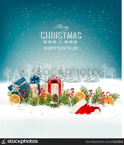 Holiday Christmas background with a gift boxes. Vector.