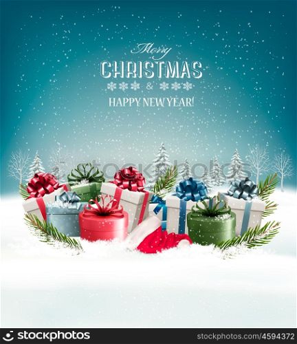 Holiday Christmas background with a gift boxes. Vector.