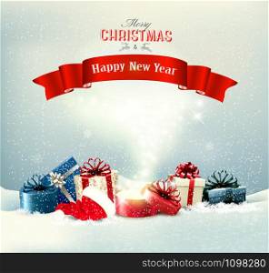 Holiday Christmas background with a presents and a magic box. Vector