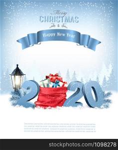 Holiday Christmas background with a red sack full presents and 2020. Vector.