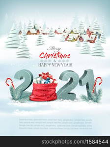 Holiday Christmas background with a red sack full presents and 2021 litters. Vector.