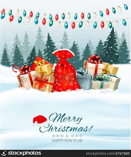 Holiday Christmas background with a sack full of gift boxes and garland. Vector