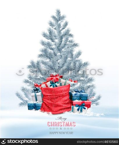 Holiday Christmas background with a sack full of gift boxes and tree. Vector.