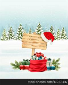 Holiday Christmas background with a sack full of gift boxes. Vector.