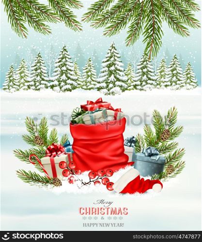 Holiday Christmas background with a sack full of gift boxes. Vector.