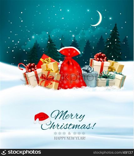 Holiday Christmas background with a sack full of gift boxes. Vector