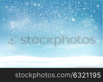 Holiday Christmas background with a snowflakes and landscape. Vector