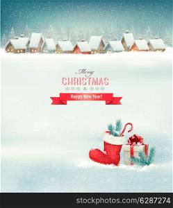 Holiday Christmas background with a village, a boot and a gift box. Vector.