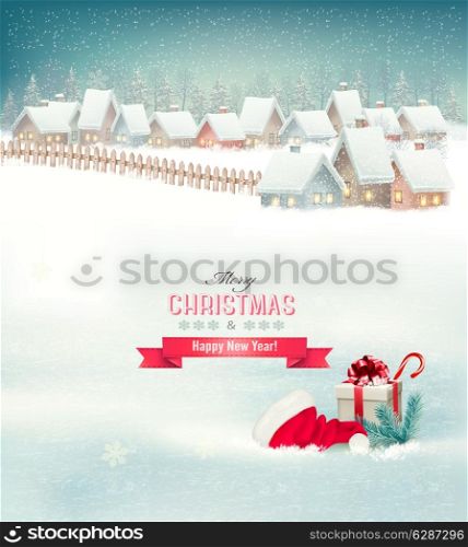 Holiday Christmas background with a village, a hat and a gift box. Vector.