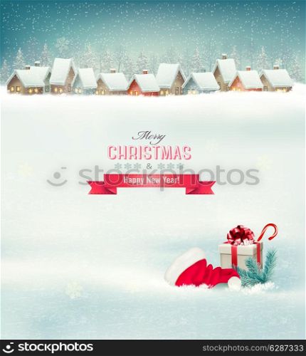 Holiday Christmas background with a village, a hat and a gift box. Vector.