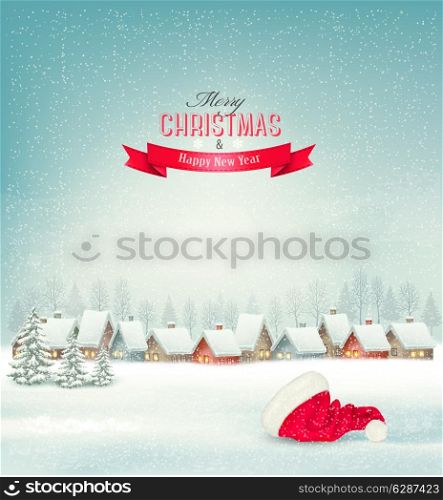 Holiday Christmas background with a village and a santa hat. Vector.
