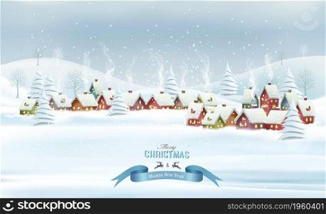Holiday Christmas background with a village and landscape. Vector.