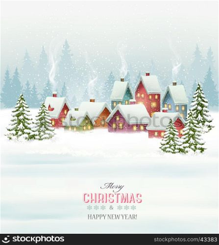 Holiday Christmas background with a village and trees. Vector.