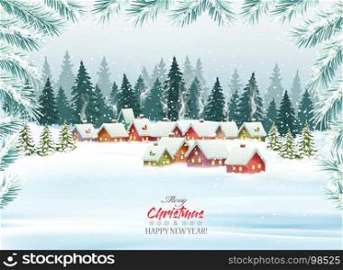 Holiday Christmas background with a village and trees. Vector.