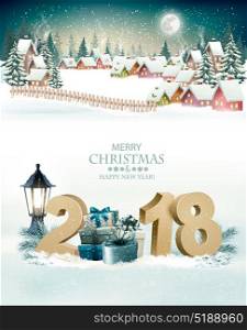 Holiday Christmas background with a winter village and 2018. Vector.
