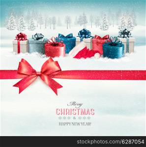 Holiday Christmas background with colorful gift boxes and a red gift ribbon. Vector.