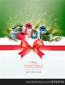 Holiday Christmas background with colorful gift boxes and a red gift ribbon. Vector