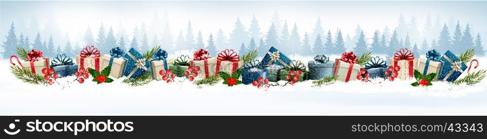 Holiday Christmas background with colorful gift boxes. Vector.