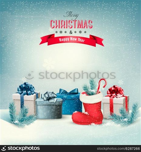 Holiday Christmas background with gift boxes and a boot. Vector.