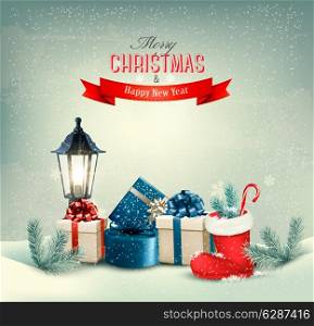 Holiday Christmas background with gift boxes and a boot. Vector.