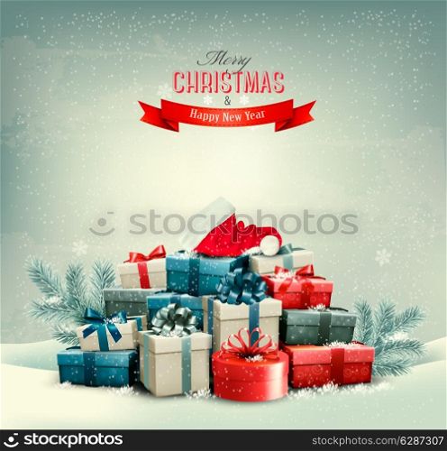 Holiday Christmas background with gift boxes and a santa hat. Vector.