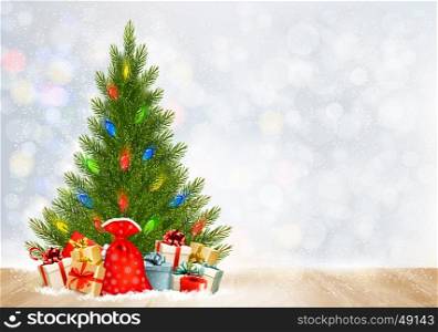 Holiday Christmas background with gift boxes and Christmas tree. Vector.