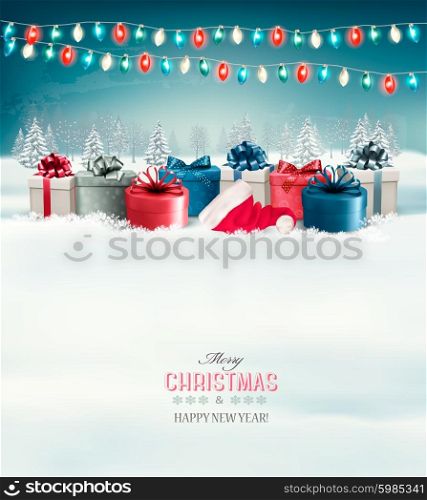 Holiday Christmas background with gift boxes and garland. Vector.