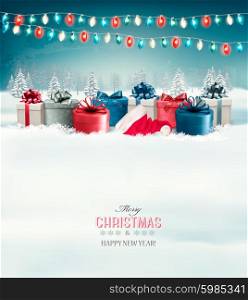 Holiday Christmas background with gift boxes and garland. Vector.