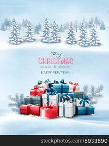 Holiday Christmas background with gift boxes and landscape. Vector.