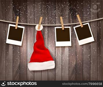 Holiday Christmas background with photos and a Santa hat. Vector.