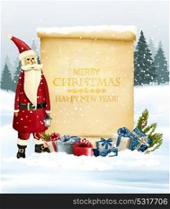 Holiday Christmas background with Santa Claus and a gift boxes and old paper. Vector