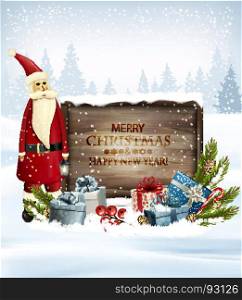 Holiday Christmas background with Santa Claus and a gift boxes and wooden sign. Vector