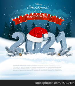 Holiday Christmas background with Santa Hat and a 2021 blue bold letters. Vector