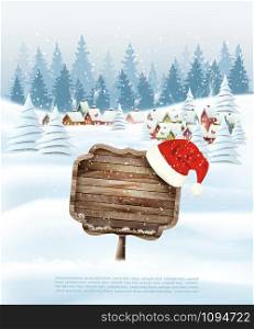 Holiday Christmas background with wooden sign and winter village. Vector.