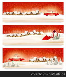 Holiday Christmas banners with villages. Vector.