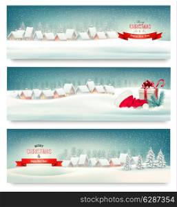 Holiday Christmas banners with villages. Vector.