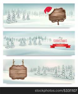 Holiday Christmas banners with winter landscare and wooden sign. Vector.