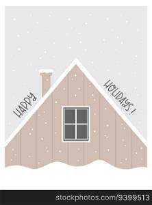 Holiday Christmas card with wooden snowy cabin. Vector winter illustration, postcard.. Holiday Christmas card with wooden snowy cabin and text Happy Holidays