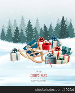 Holiday Christmas greeting card with a colorful gift boxes and retro sledge. Vector.