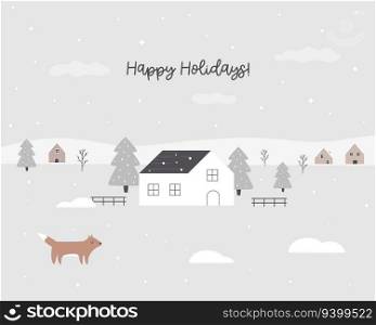 Holiday Christmas greeting card with w∫er landcsape, sce≠ry with litt≤wooden snowy houses, fir trees and funny fox.. Holiday Christmas greeting card with w∫er landcsape, sce≠ry with litt≤wooden snowy houses, fir trees and funny fox