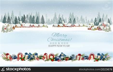 Holiday Christmas panorama with a winter village and christmas presents. Vector.