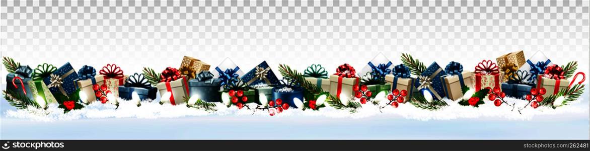 Holiday Christmas panorama with colorful gift boxes and Santa Hat on transparent background. Vector.