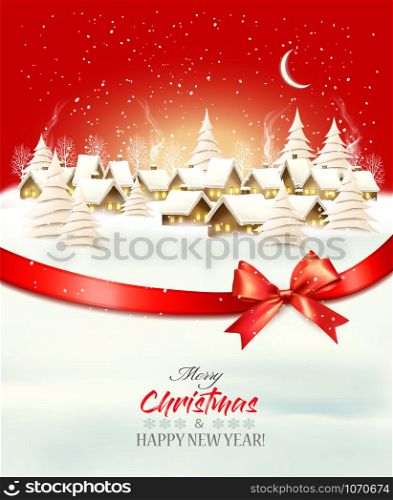 Holiday christmas winter background with a village landscape and a red gift bow and ribbon. Vector.