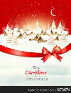 Holiday christmas winter background with a village landscape and a red gift bow and ribbon. Vector.