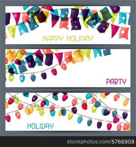 Holiday colorful horizontal banners with flags and garland.