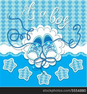 Holiday Dard children gumshoes on blue background - design for boys. Invitation with handwritten text It`s a boy.