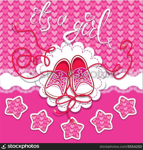 Holiday Dard children gumshoes on pink background - design for girls. Invitation with handwritten text It`s a girl.