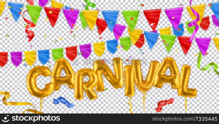 Holiday decoration. Carnival, gold toy balloons, flags, ribbons, confetti. 3d vector realistic set. Isolated on transparent background